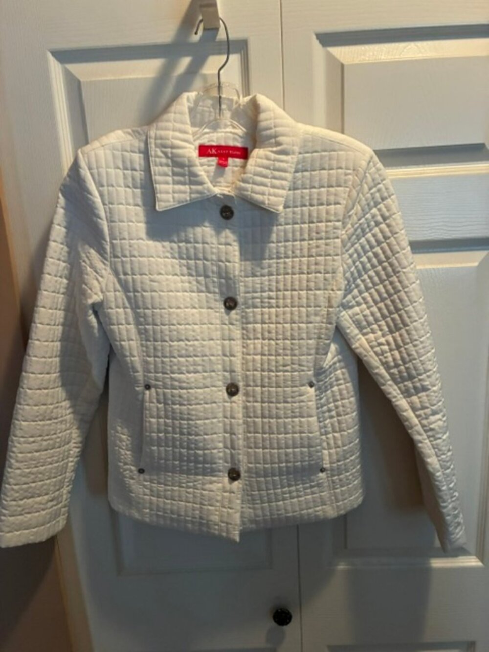 Anne Klein Cream Off White Grid Quilted Snap Up Shirt Jacket Coat Small